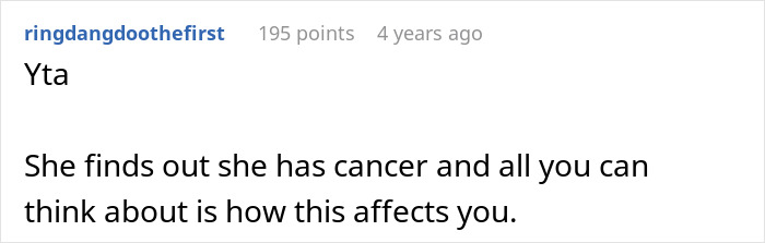 Comment discussing a man walking out after wife&rsquo;s cancer diagnosis impacts plans for biological kids, with mother-in-law telling him to stay gone.