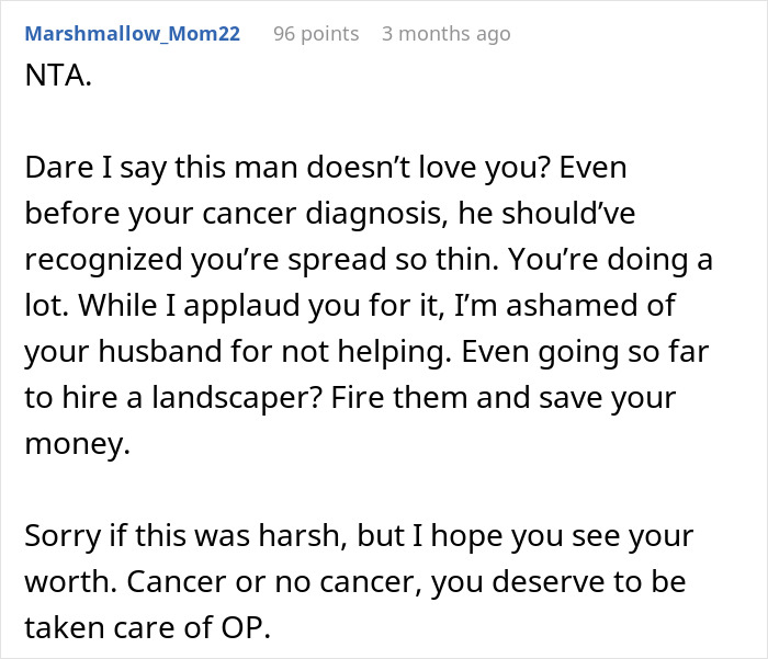 Comment from user discussing woman with cancer asking husband for help with chores and his lack of support.