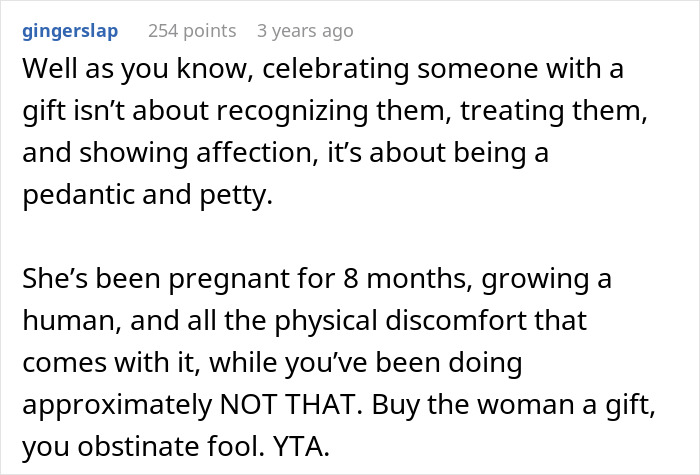 Comment criticizing man who doesn&rsquo;t consider pregnant wife a mom and refuses to get her a Mother&rsquo;s Day gift.