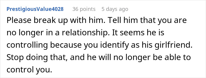 Screenshot of a Reddit comment advising to break up with a hypocrite guy in an open relationship who is controlling.
