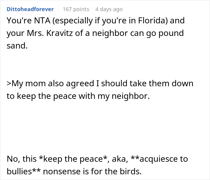 Text post from online forum discussing a Facebook campaign and neighbor&rsquo;s pink flamingos dispute.