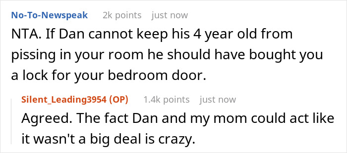 Reddit thread discussing mom&rsquo;s new boyfriend&rsquo;s kids wrecking teen&rsquo;s room and peeing on clothes causing teen to move out.