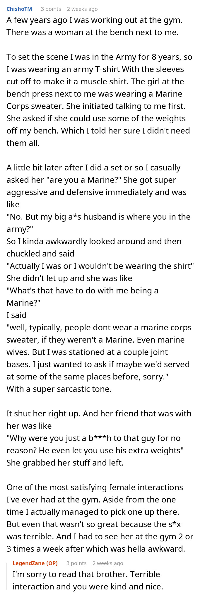 Man wearing army muscle shirt experiences gym flirting going badly during awkward conversation with woman in Marine Corps sweater.