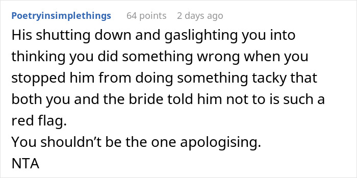Comment discussing gaslighting and red flags after stopping boyfriend&rsquo;s proposal at best friend&rsquo;s wedding, labeled NTA.