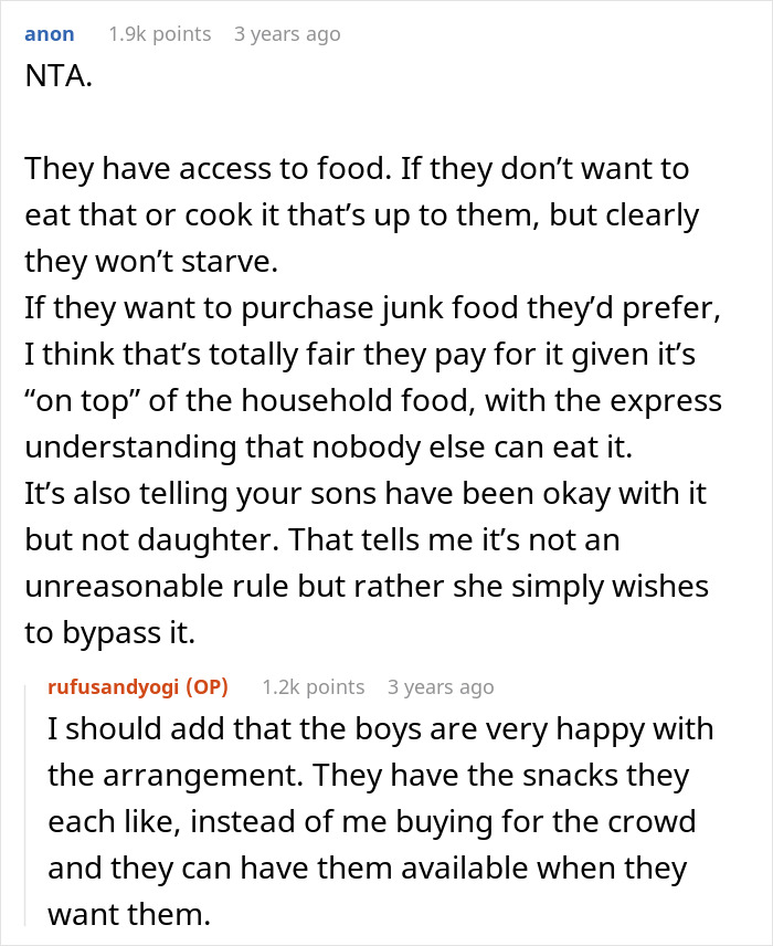 Screenshot of Reddit comments discussing a mom making teen kids pay for their own junk food and family reactions. Screenshot of Reddit comments discussing a mom making teen kids pay for their own junk food and family reactions.