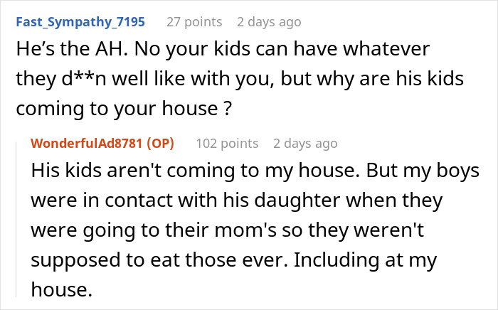 Screenshot of a Reddit conversation about dad refusing to change kids&rsquo; diet for ex&rsquo;s new husband and visitation rules.