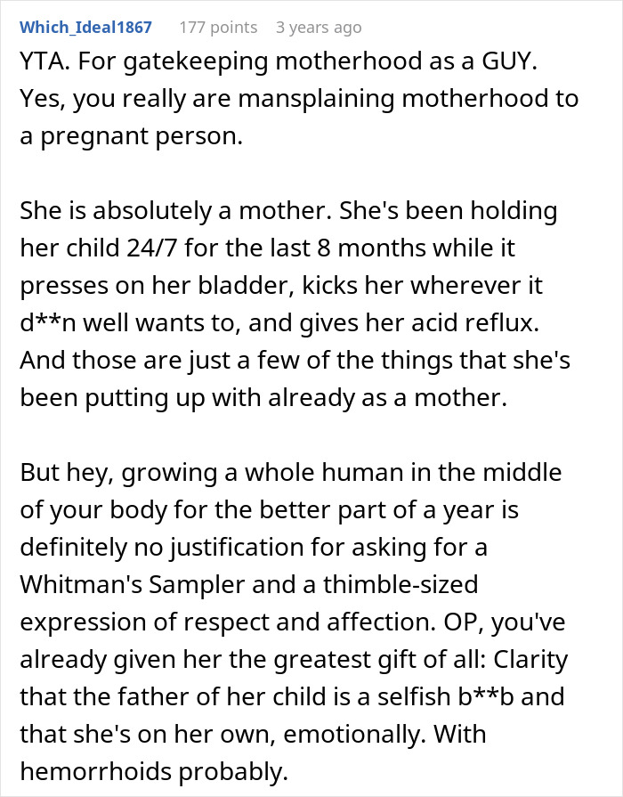 Screenshot of online comment criticizing a man who doesn&rsquo;t consider his pregnant wife a mom or give a Mother&rsquo;s Day gift.