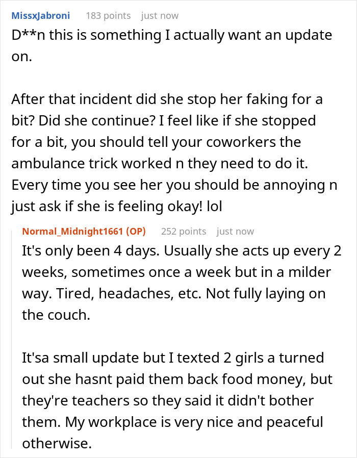 ALT text: Online discussion about ambulance arriving at office revealing a severe case of attention seeking behavior and reactions.