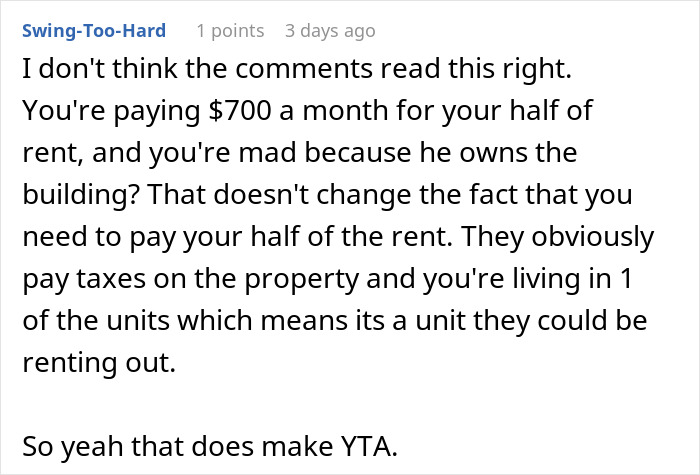 Commenter explaining rent payments to husband and his mom, discussing unknowingly paying rent for two years.