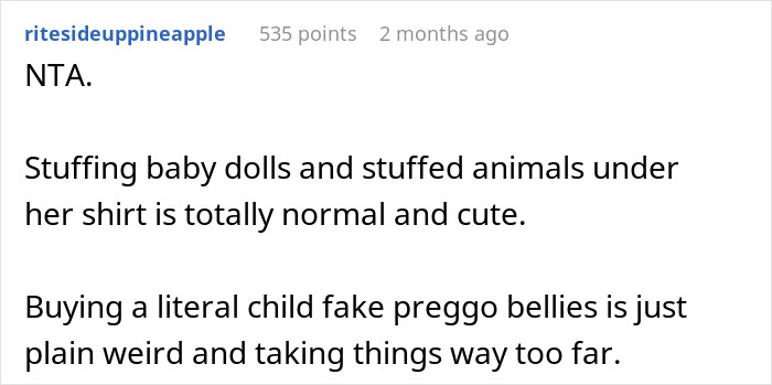 Alt text: Screenshot of a forum comment criticizing a pregnancy-obsessed 6-year-old&rsquo;s weird gift from her MIL as strange and excessive.