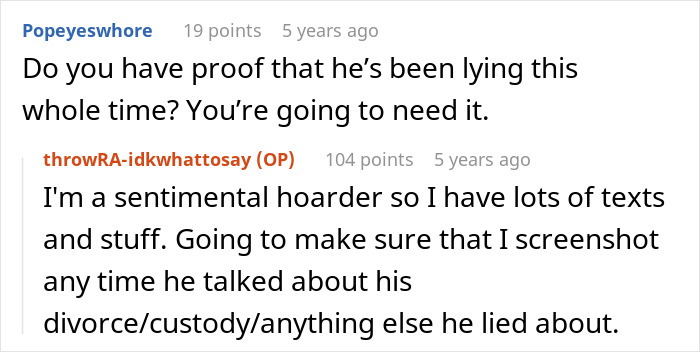 Text exchange about needing proof of a boyfriend's lies before birth, highlighting secret wife and custody issues.