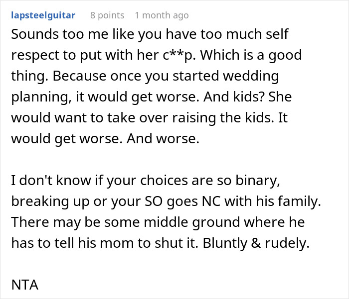 Comment discussing a woman shutting down her MIL, calling her a gold digger and a housewife.