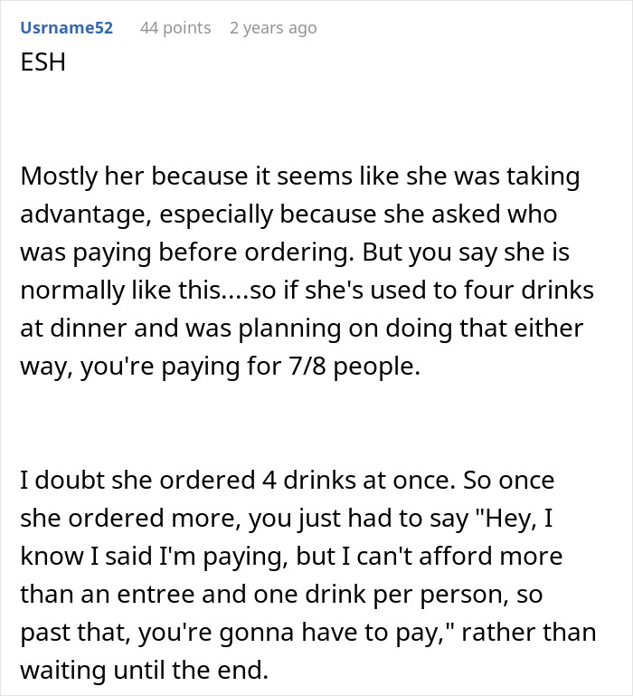 Comment discussing friend&rsquo;s girlfriend ordering expensive meals knowing guy is paying, causing tension over the bill.