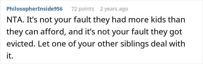 Screenshot of a Reddit comment discussing siblings turning on sister after she refuses to shelter brother&rsquo;s family.