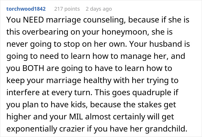 Comment warning about helicopter mom behavior ruining honeymoon with constant interference and calls from in-laws.