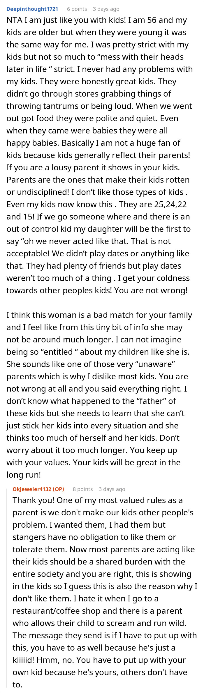 Text conversation discussing boundaries on treating brother's girlfriend's kids versus own kids in family dynamics and parenting.