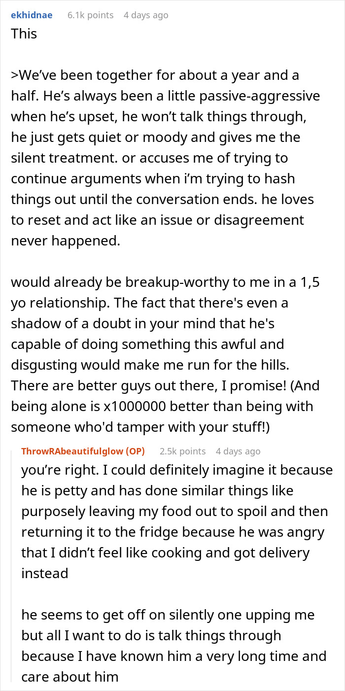 Reddit discussion where woman suspects boyfriend is messing with her toothbrush and shares breakup thoughts online.
