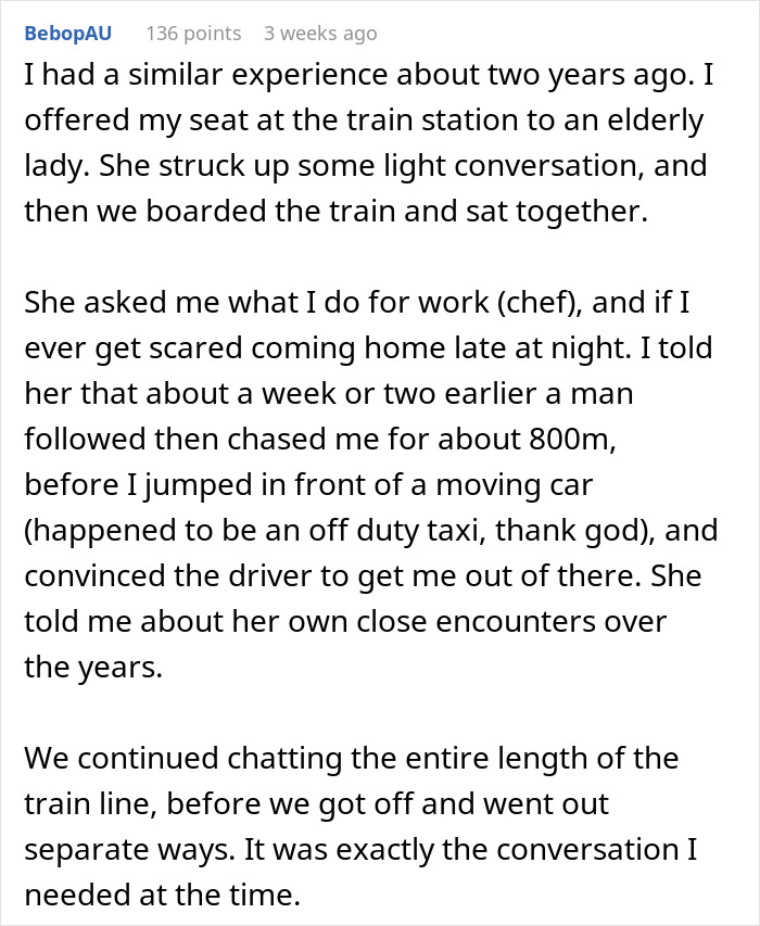Text sharing a small act of kindness on public transport that leads to an unexpected conversation and personal connection.