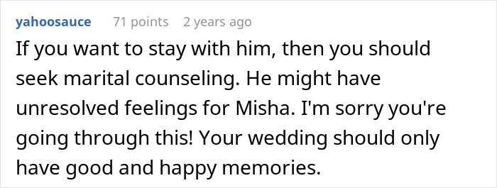 Comment suggesting marital counseling for unresolved feelings affecting the wedding and relationship issues involving jealousy.