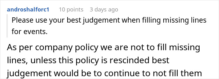 Screenshot of a forum post explaining company policy not to fill empty shelves despite sales concerns.