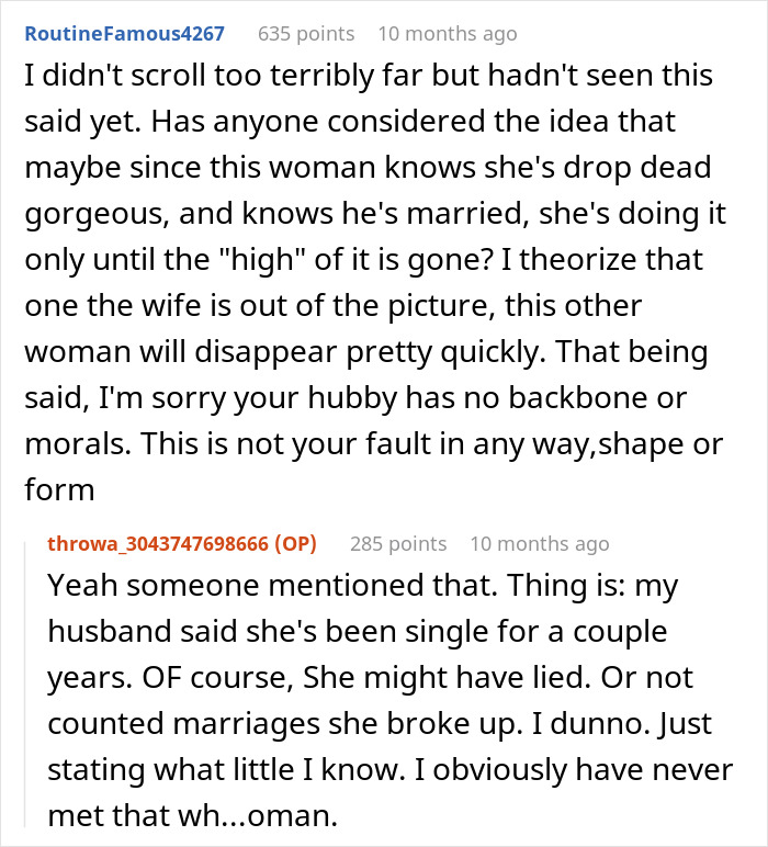 Alt text: Reddit conversation discussing woman's husband leaving her after being hit on for the first time in his life.