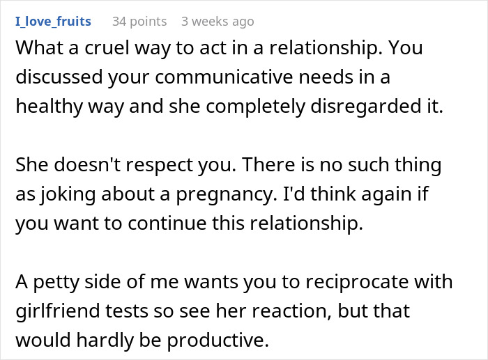 Reddit comment criticizing a girlfriend who fakes pregnancy as a test of love in a troubled relationship. Reddit comment criticizing a girlfriend who fakes pregnancy as a test of love in a troubled relationship.