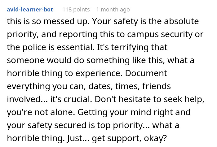 User comment expressing concern and advising reporting and documenting incidents of a student spiking drinks with sleep aids.
