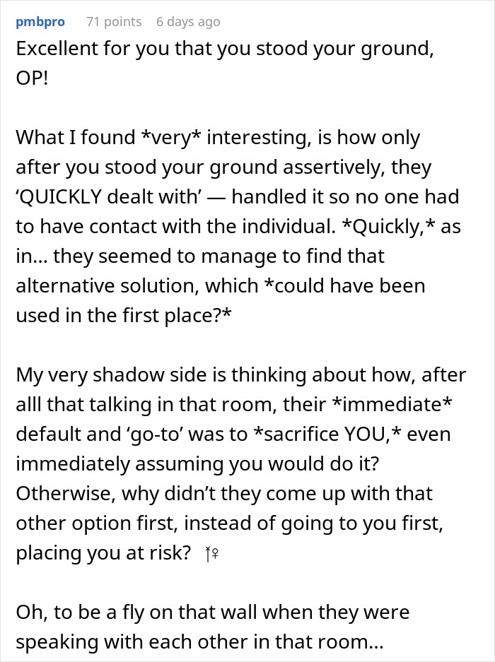 Screenshot of a forum comment discussing being nominated for something extra risky at work due to not having kids.