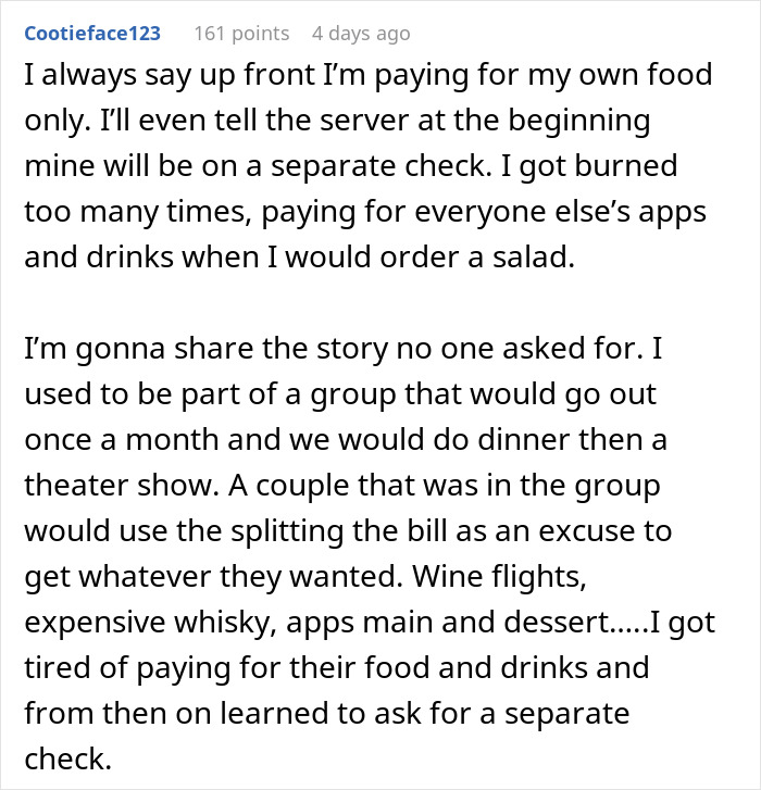 Comment about coworkers agreeing to split the bill but one backing out after dining and paying unfairly.