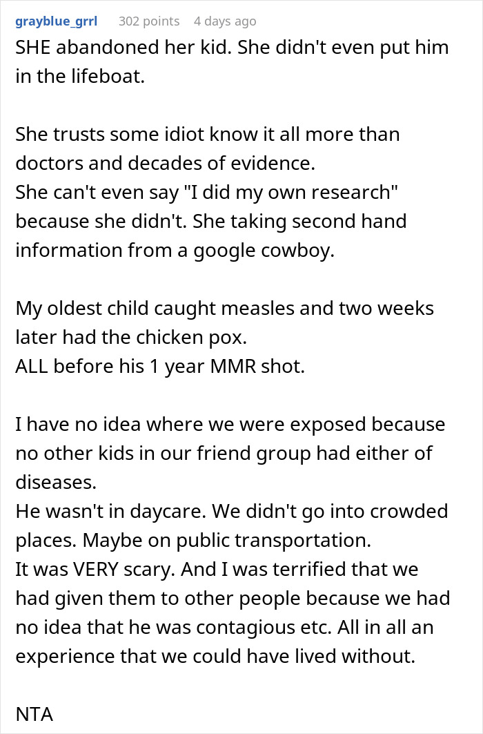 Comment discussing consequences faced by a pregnant anti-vaxxer after friend opts out of future playdates over health concerns.