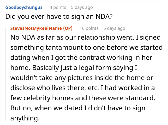 Screenshot of a Reddit conversation discussing dating a famous actress and signing legal agreements about privacy and confidentiality.