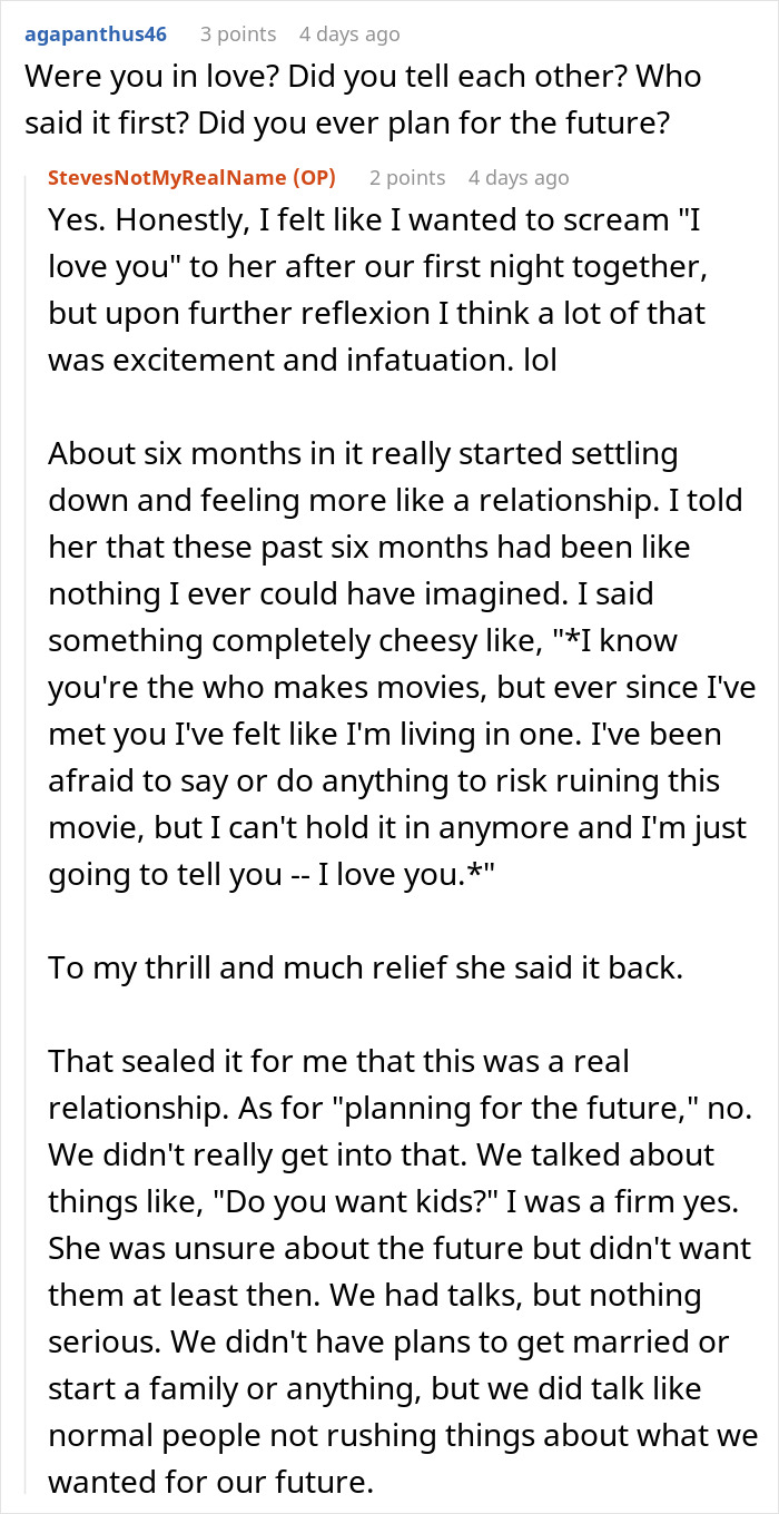 Reddit conversation showing a guy sharing what it was really like to date a famous actress for over a year.