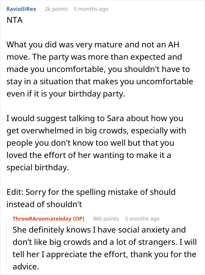 Roommate throws surprise bash with 50 guests for anxious birthday girl who feels overwhelmed and walks out of party.