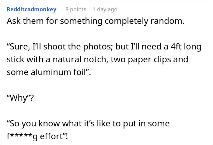 Comment from Reddit discussing humorous demands to convey effort to entitled mom interrupting a couple&rsquo;s photoshoot.