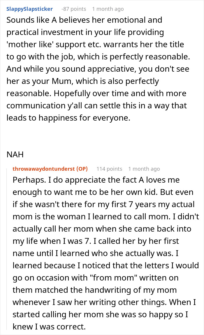 Screenshot of an online discussion about a teen refusing to be a birthday gift for a stepmother and family relationship dynamics.