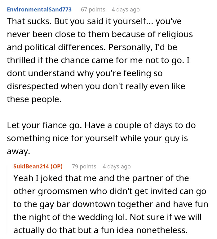 Reddit comments discussing woman&rsquo;s concerns about fianc&eacute; attending friend&rsquo;s wedding without her.