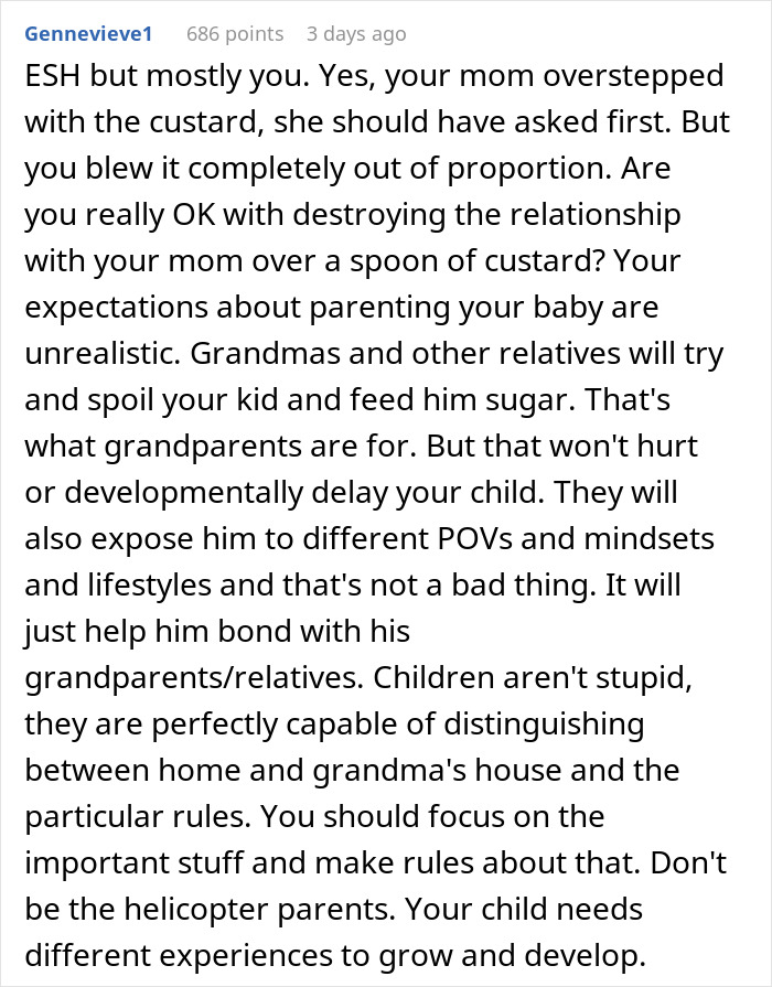 Reddit comment discussing keeping son away from grandmother after being fed custard and parenting expectations insights.