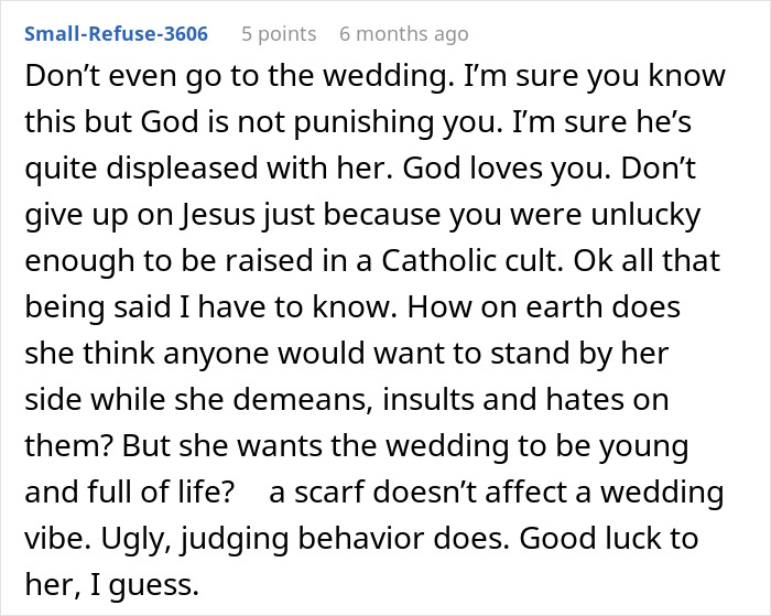 Comment discussing bride thinking cousin&rsquo;s alopecia is punishment from God and banning her from wearing a headscarf.
