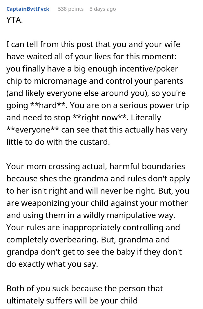 Text post commenting on keeping son away from grandmother after fed custard, discussing family boundaries and control issues.