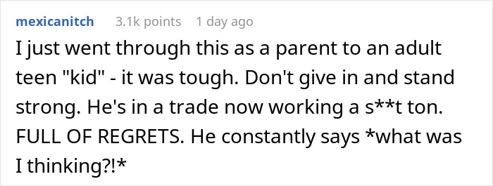 Comment from a parent sharing experience about their adult teen son who got girlfriend pregnant on purpose, expressing regrets.