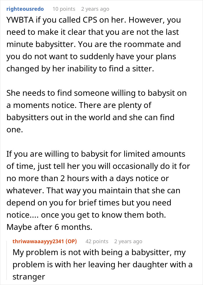 Reddit conversation discussing woman abandoning child with stranger roommate, raising concerns about work emergency babysitting.