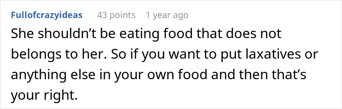 Comment on middle-aged woman with a shopping habit stealing roommate&rsquo;s food, expressing frustration and suggesting revenge ideas.