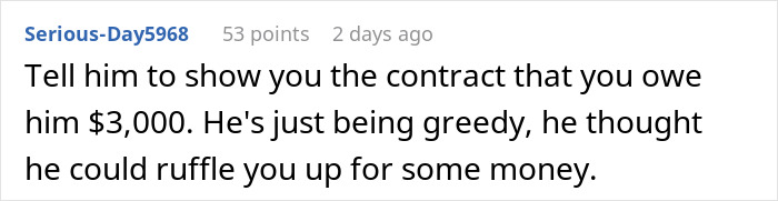 Screenshot of a comment discussing a cousin who sent a $3,000 bill after offering to photograph a wedding as a gift.