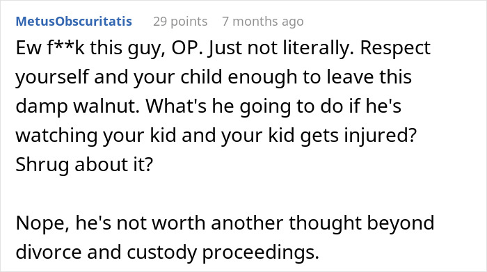 Comment expressing anger and advice about divorce and custody after husband ignores wife injured in ER.