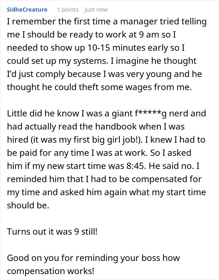 Commenter shares story of employee cleverly addressing a boss obsessed with punctuality and time compensation at work.