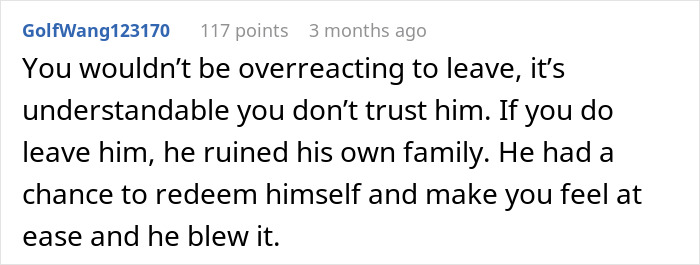 Comment discussing trust issues and regret after a man gaslights his pregnant wife, leading to marriage failure.
