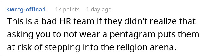 Comment discussing HR’s rules on religious symbols, highlighting risks of banning a pentagram at work. Comment discussing HR’s rules on religious symbols, highlighting risks of banning a pentagram at work.