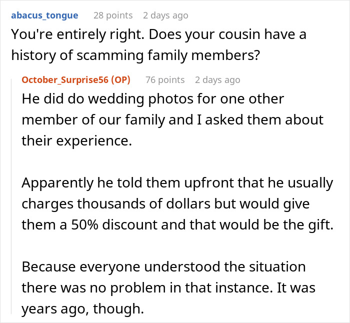 Reddit conversation discussing cousin offering wedding photography gift but sending a $3,000 bill afterward.