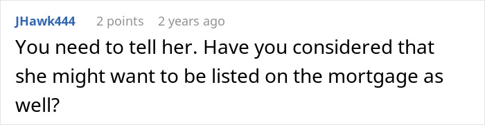 Comment about husband unsure how to come clean about a lie told 10 years ago, advising to consider mortgage listing.