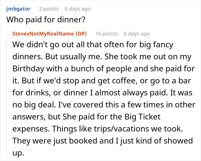 Screenshot of a Reddit conversation where a user shares experiences dating a famous actress, discussing who paid for dinners.